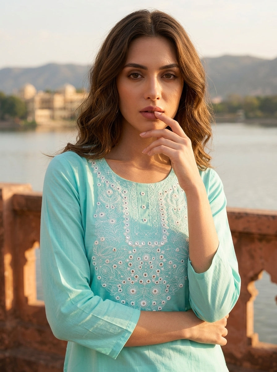 Sea Green Cotton Foil Mirror Thread Embroidered Kurta