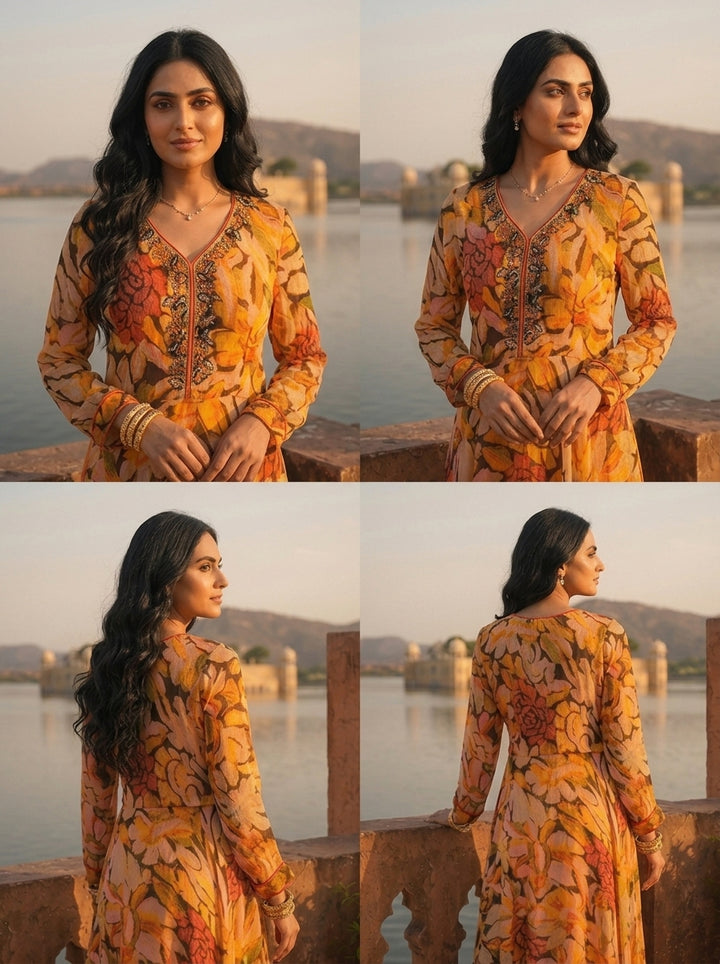 Mustard Georgette Bold Abstract Floral Printed Dress