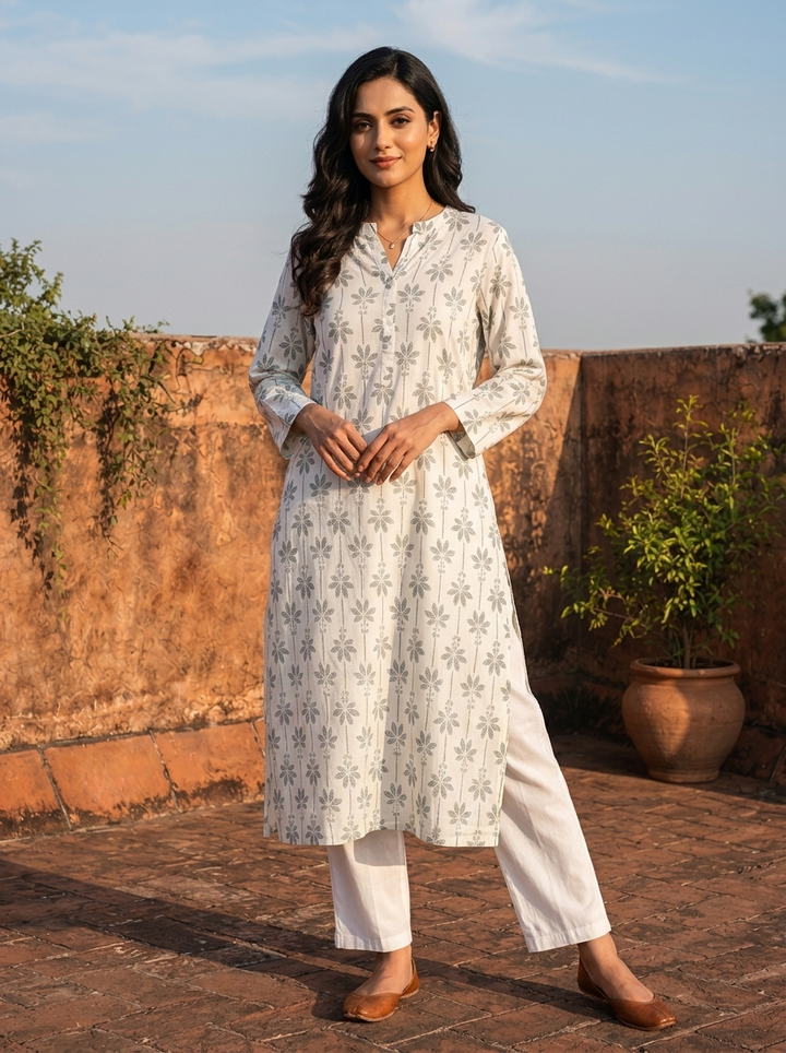 Olive Cotton Floral Block Printed Kurta