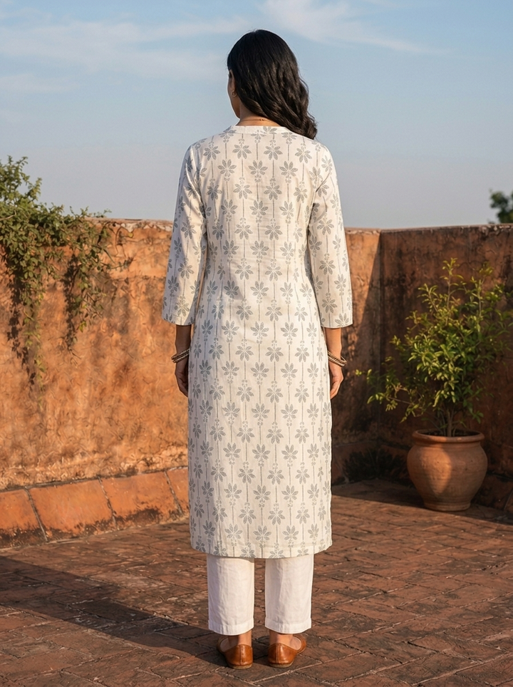Olive Cotton Floral Block Printed Kurta