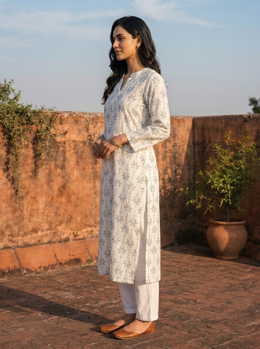Olive Cotton Floral Block Printed Kurta