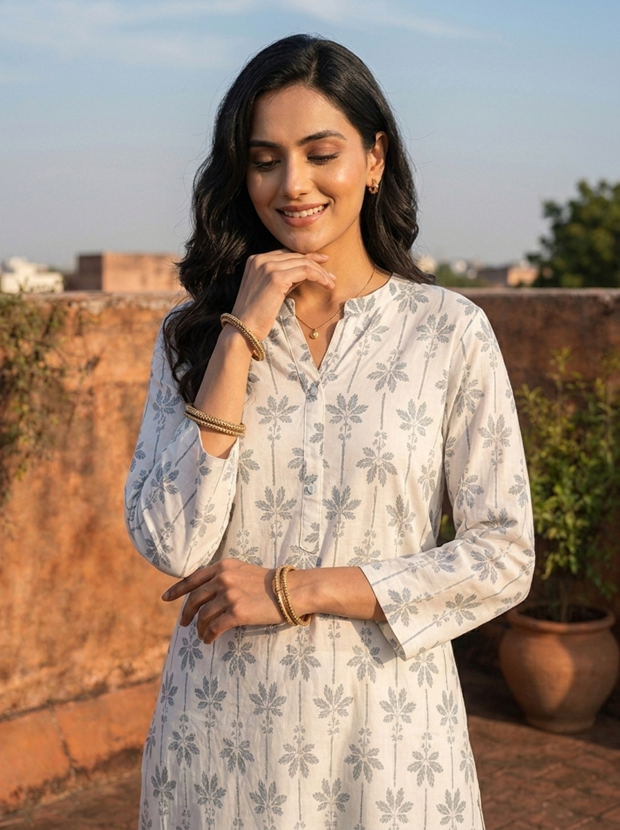 Olive Cotton Floral Block Printed Kurta