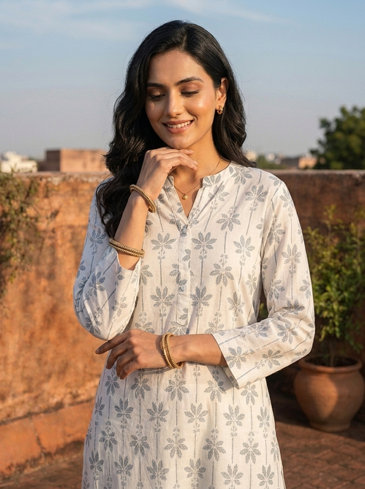 Olive Cotton Floral Block Printed Kurta