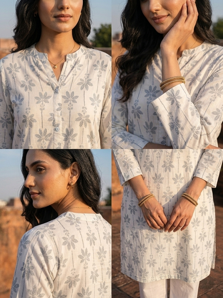 Olive Cotton Floral Block Printed Kurta