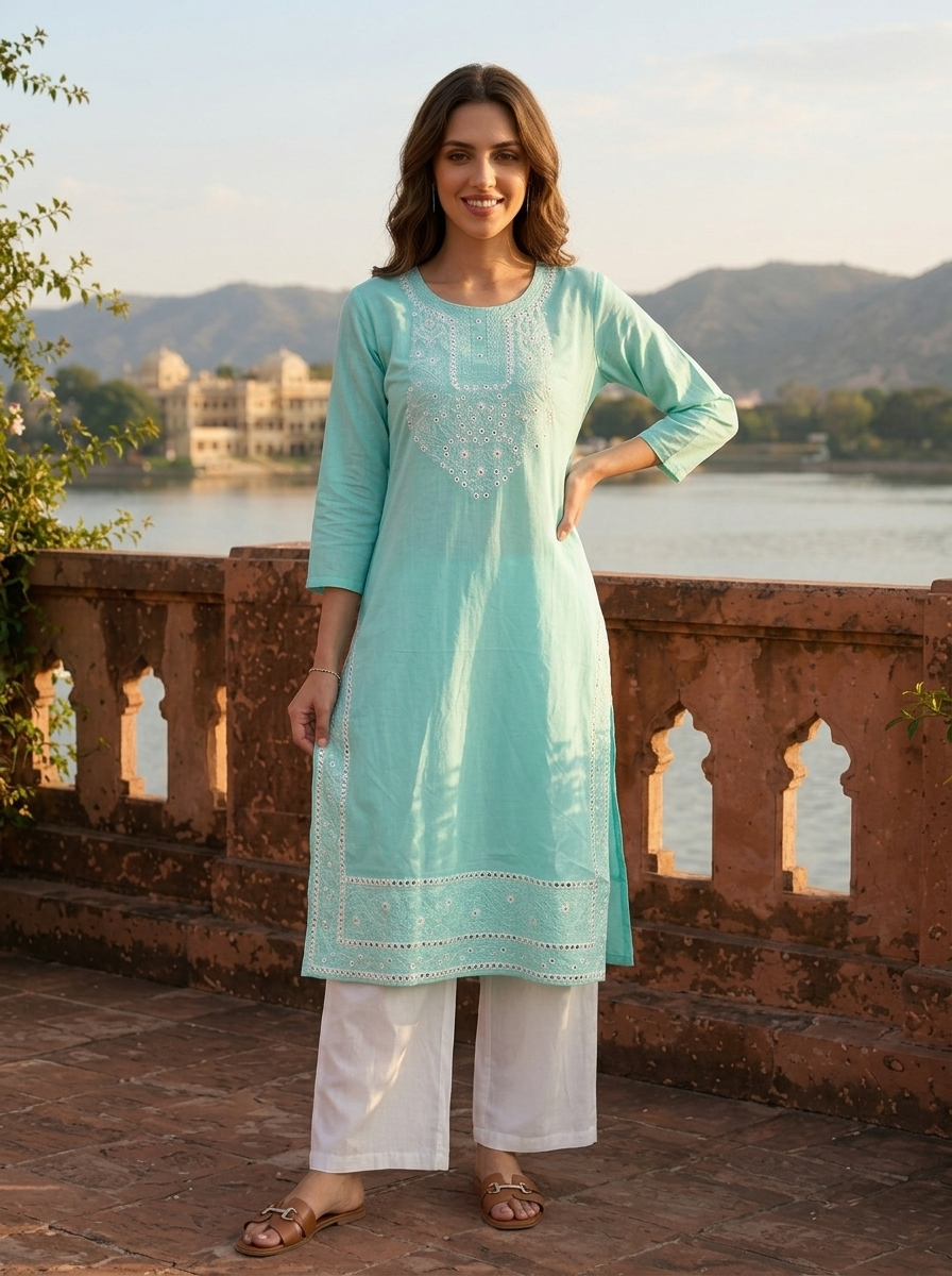 Sea Green Cotton Foil Mirror Thread Embroidered Kurta