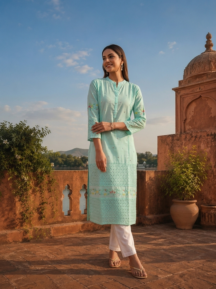 Sea Green Cotton Multicolor Floral Thread Embroidered Kurta