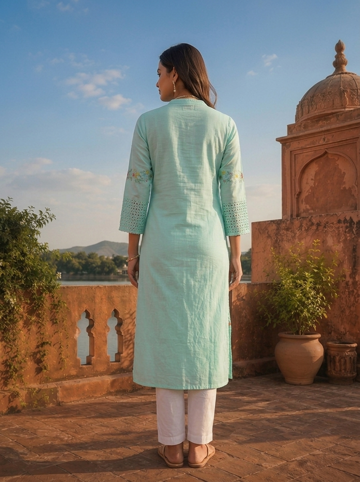 Sea Green Cotton Multicolor Floral Thread Embroidered Kurta