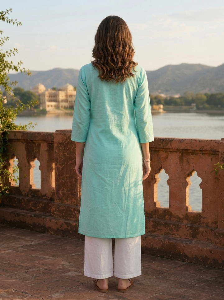 Sea Green Cotton Foil Mirror Thread Embroidered Kurta