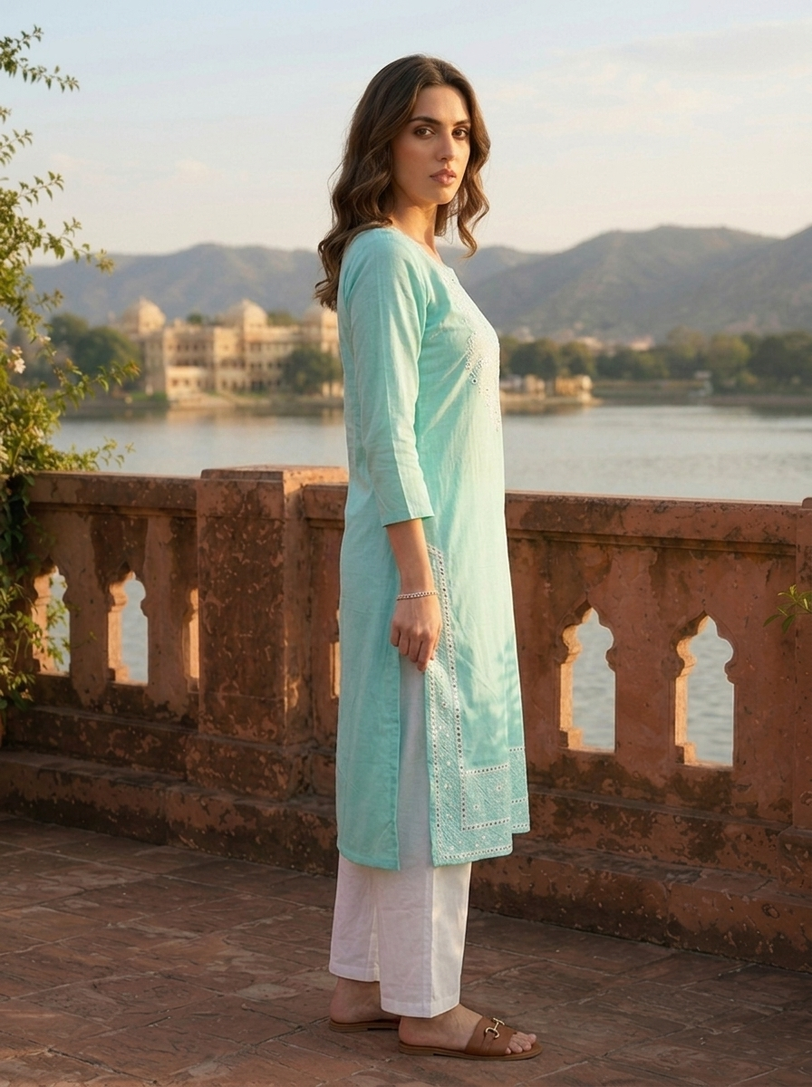 Sea Green Cotton Foil Mirror Thread Embroidered Kurta