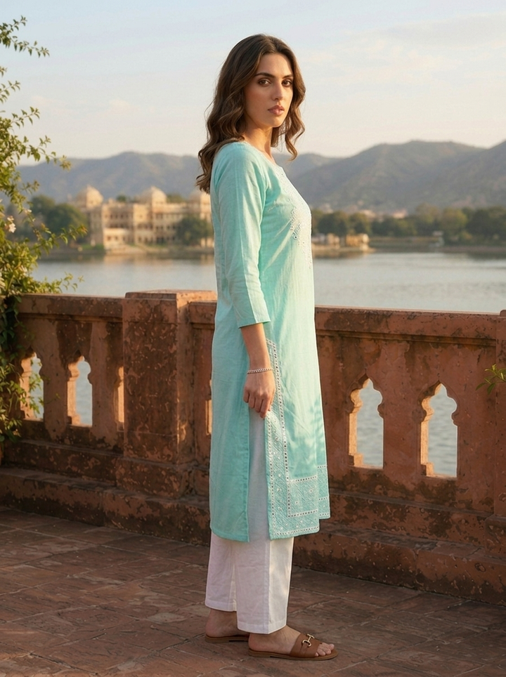 Sea Green Cotton Foil Mirror Thread Embroidered Kurta