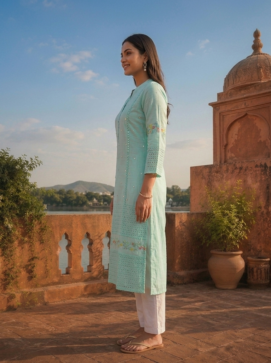 Sea Green Cotton Multicolor Floral Thread Embroidered Kurta