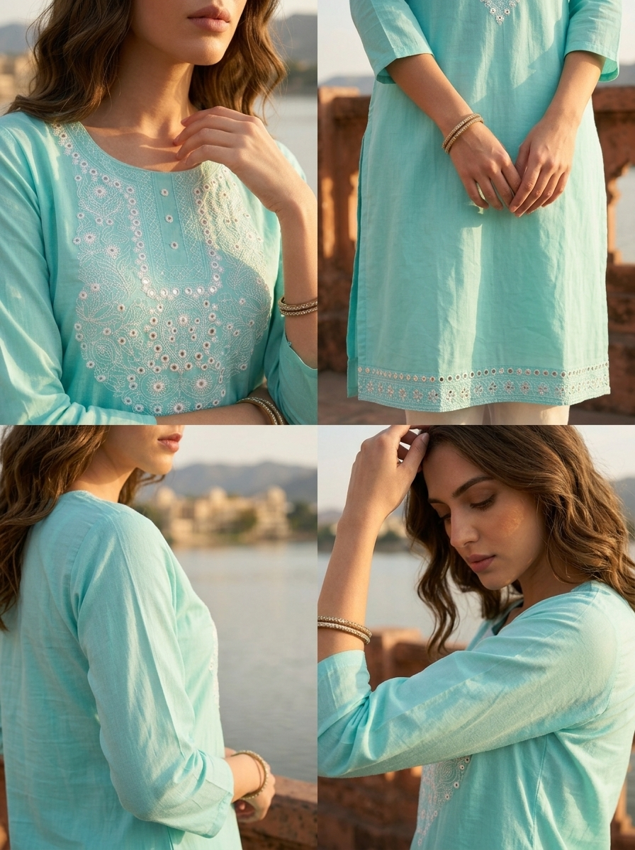 Sea Green Cotton Foil Mirror Thread Embroidered Kurta