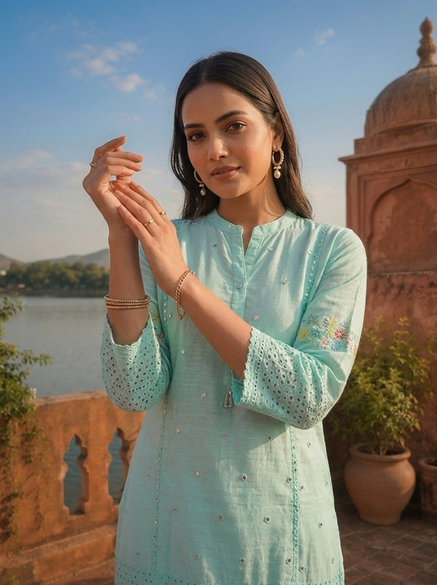Sea Green Cotton Multicolor Floral Thread Embroidered Kurta