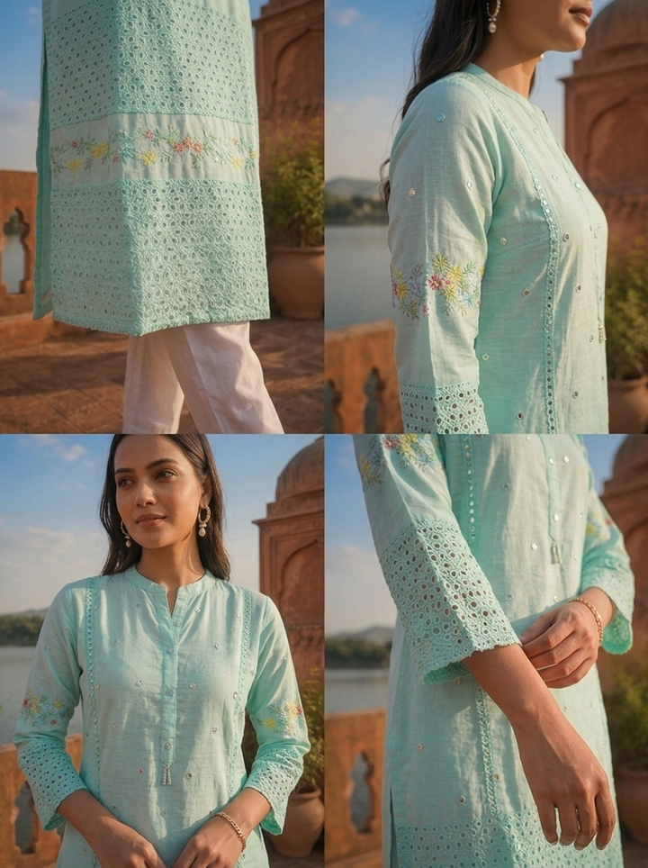 Sea Green Cotton Multicolor Floral Thread Embroidered Kurta