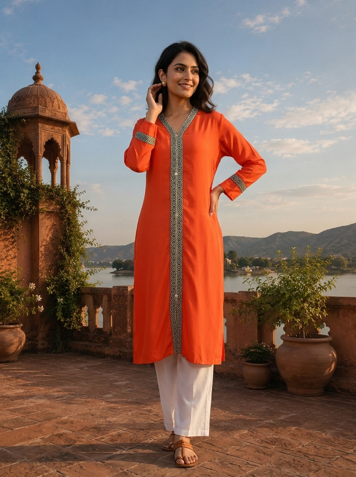 Orange Rayon Solid With Geometric Border Kurta