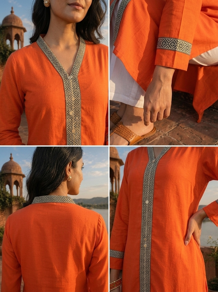 Orange Rayon Solid With Geometric Border Kurta