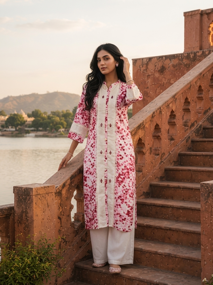 Pink Rayon Red Cherry Blossom Printed Kurta