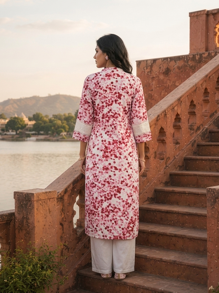 Pink Rayon Red Cherry Blossom Printed Kurta