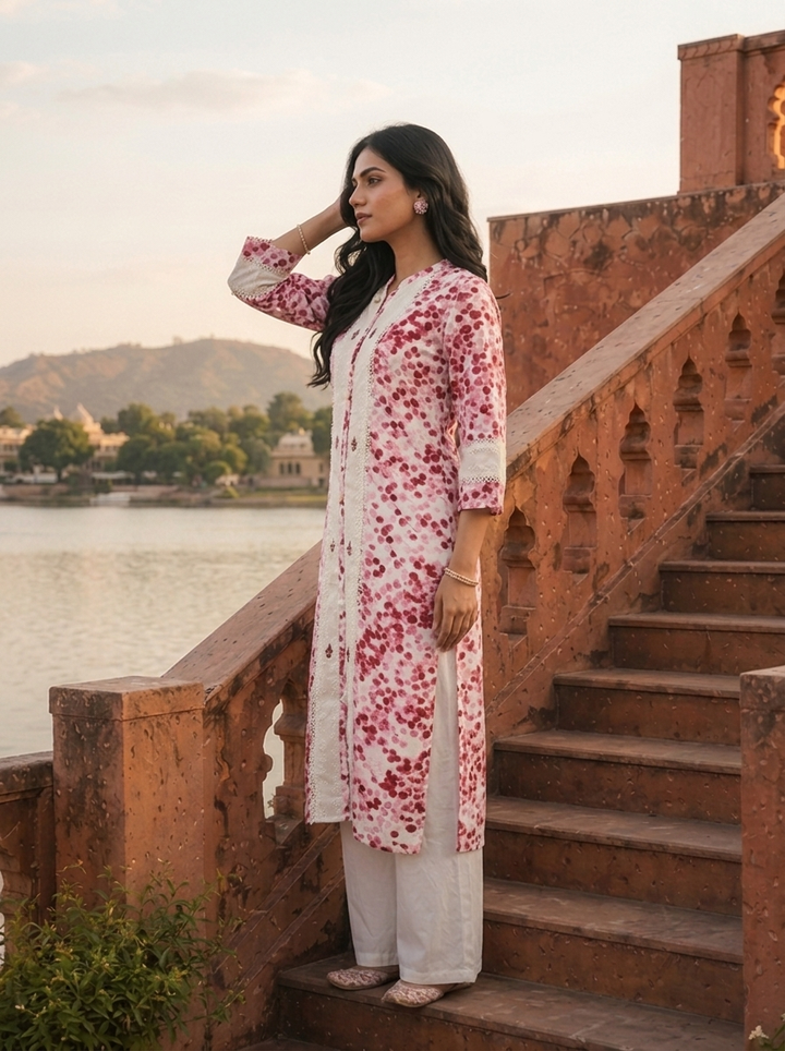 Pink Rayon Red Cherry Blossom Printed Kurta