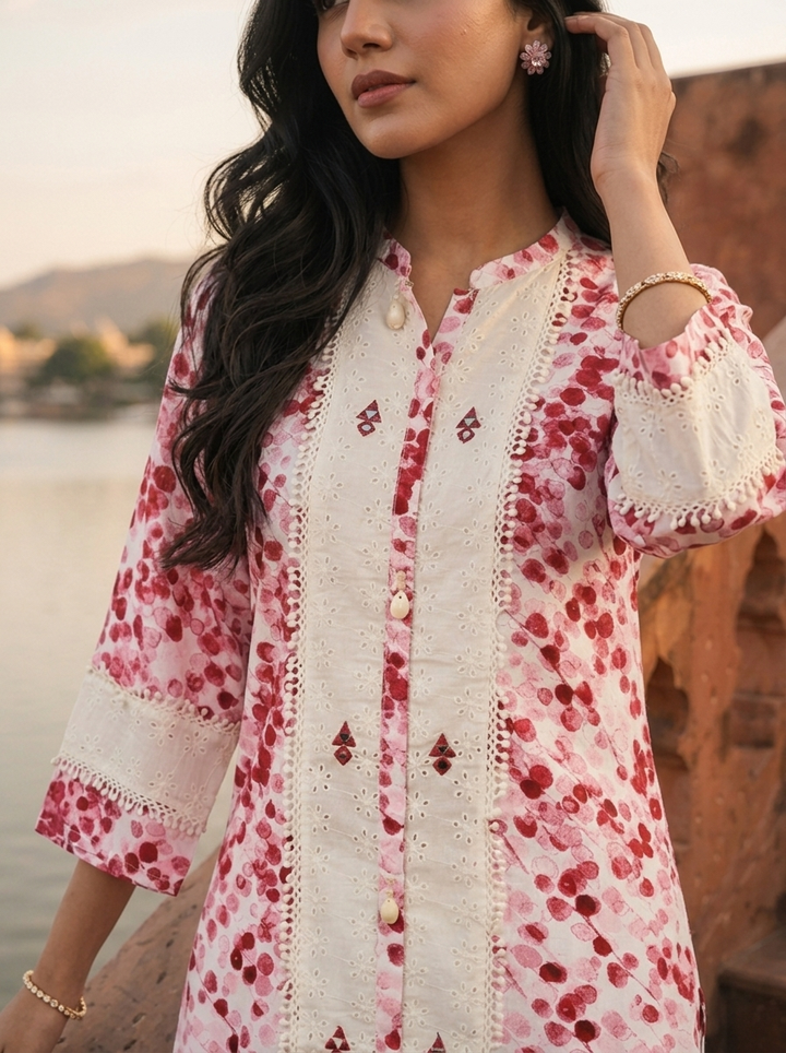 Pink Rayon Red Cherry Blossom Printed Kurta