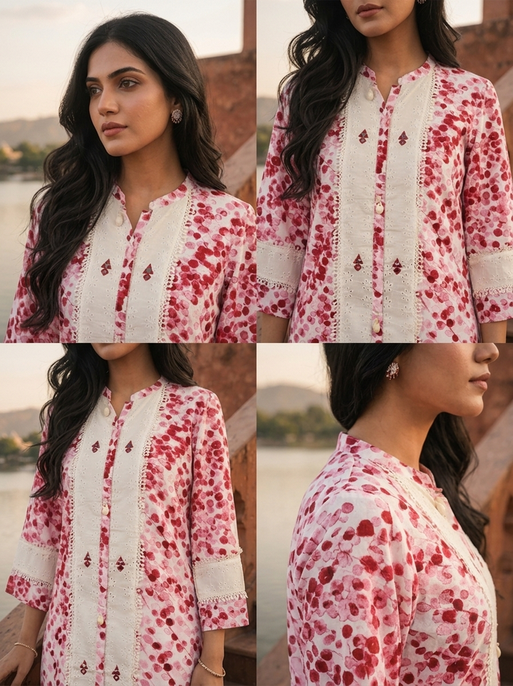 Pink Rayon Red Cherry Blossom Printed Kurta