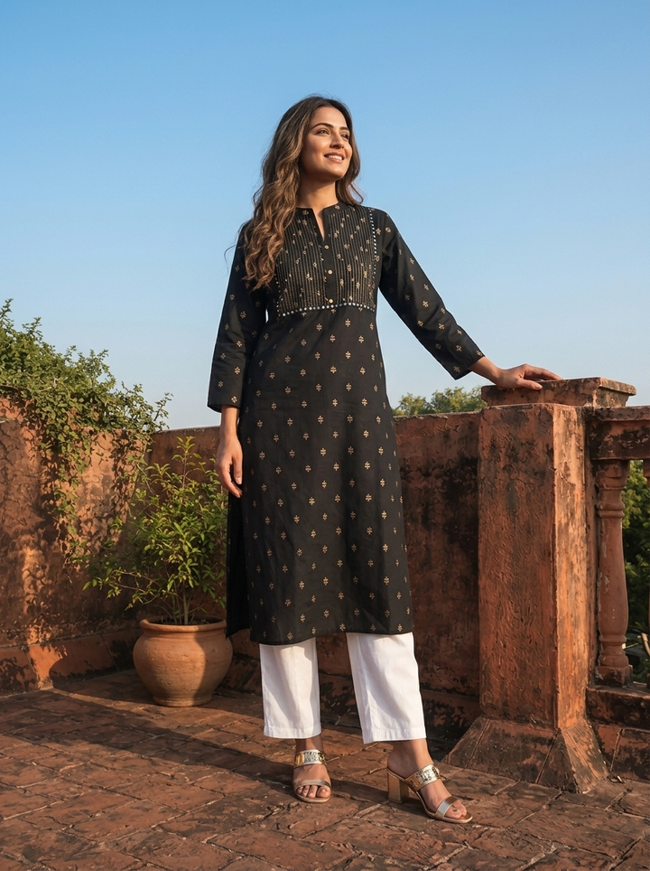 Black Rayon Gold Buti Printed Kurta