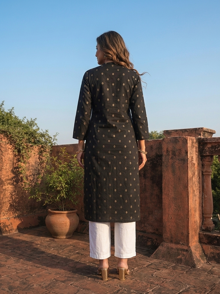 Black Rayon Gold Buti Printed Kurta