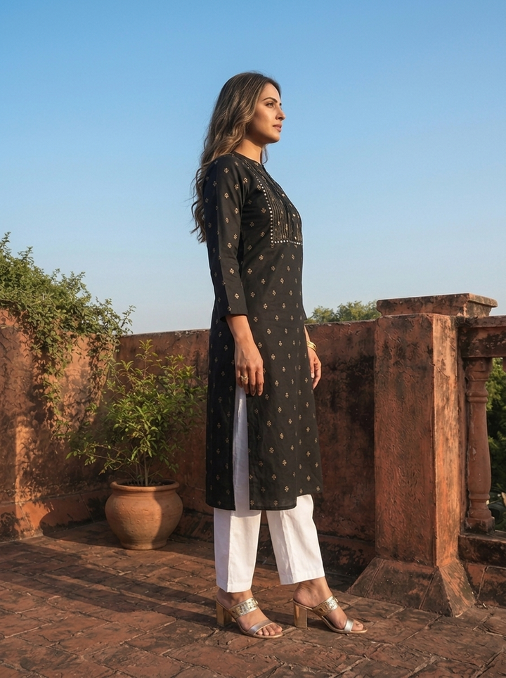 Black Rayon Gold Buti Printed Kurta
