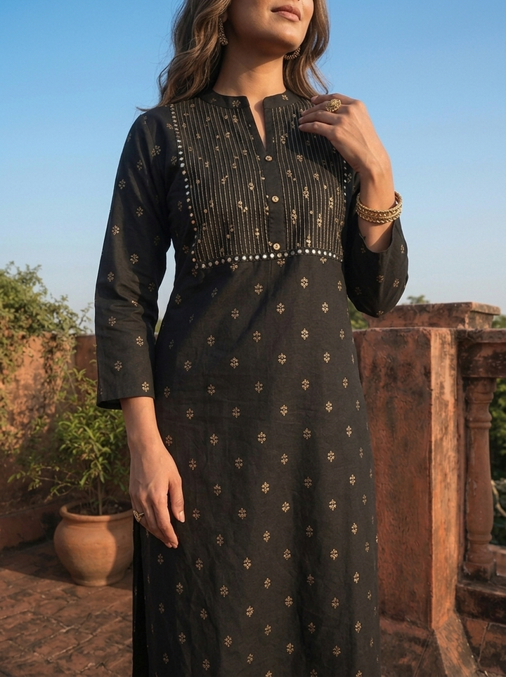 Black Rayon Gold Buti Printed Kurta