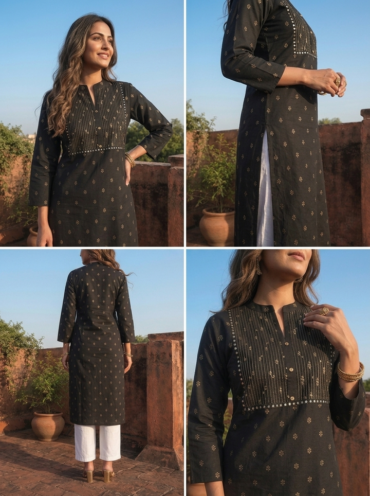 Black Rayon Gold Buti Printed Kurta