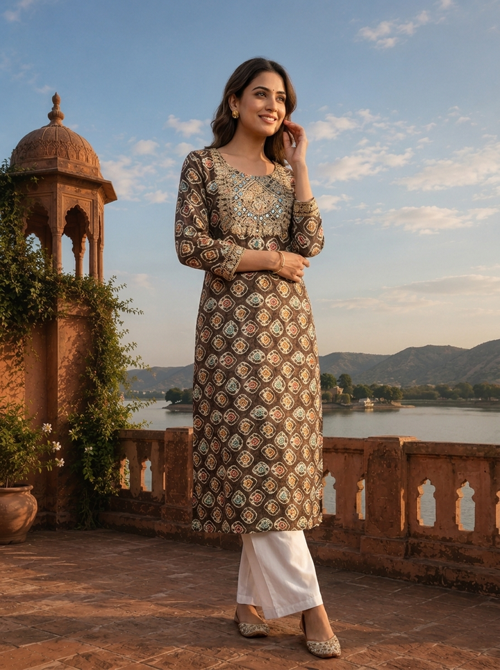 Grey Rayon Geometric Diamond Motif Printed Kurta