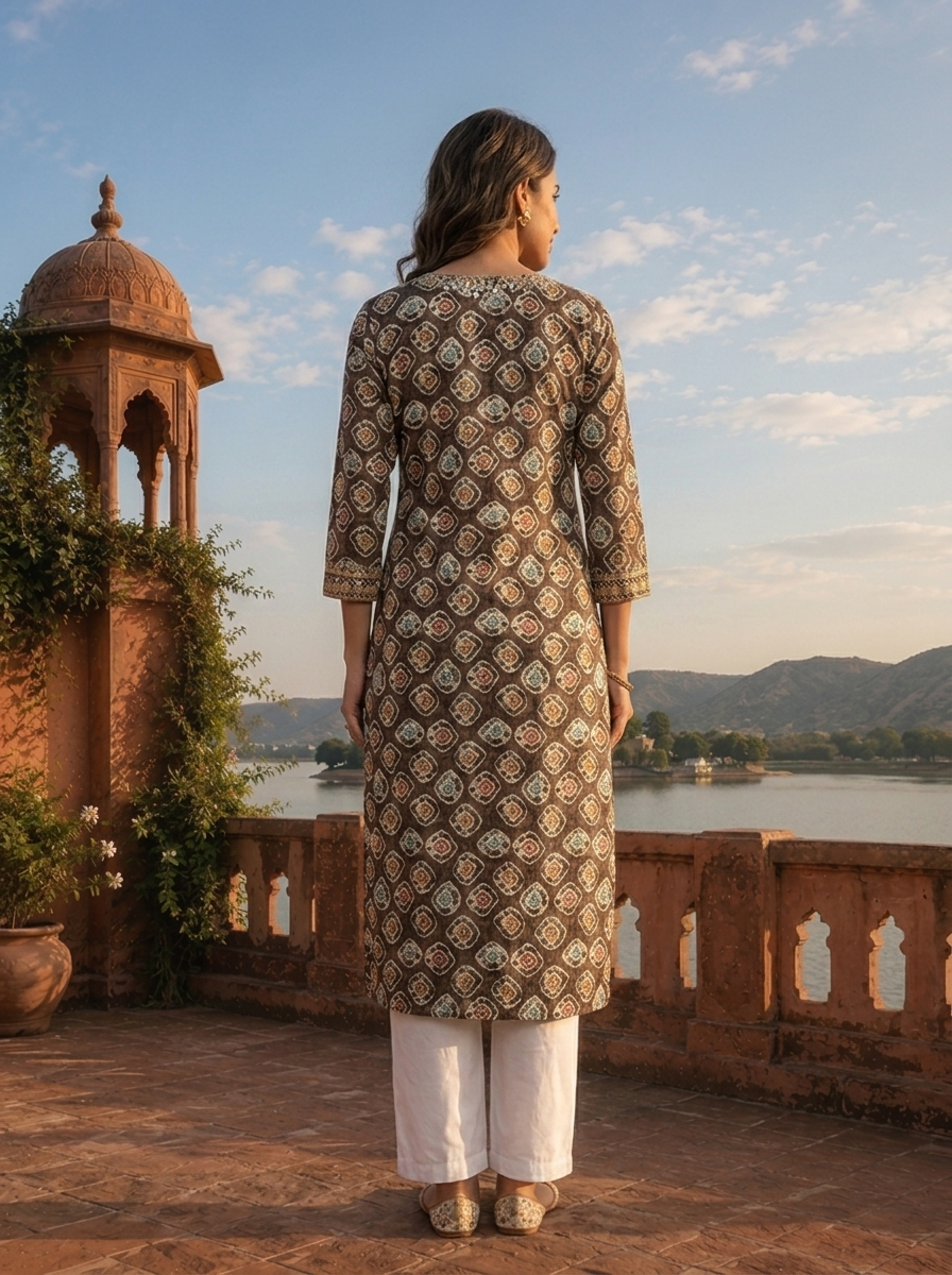 Grey Rayon Geometric Diamond Motif Printed Kurta