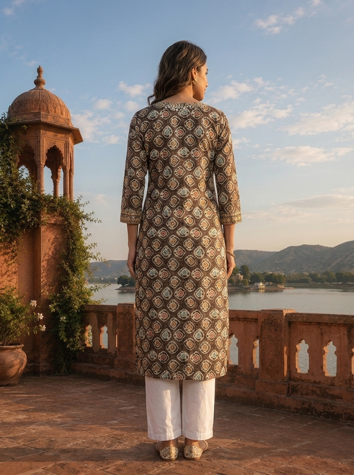 Grey Rayon Geometric Diamond Motif Printed Kurta