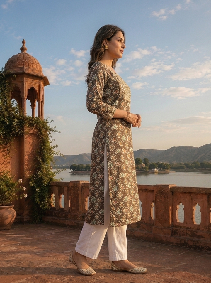 Grey Rayon Geometric Diamond Motif Printed Kurta