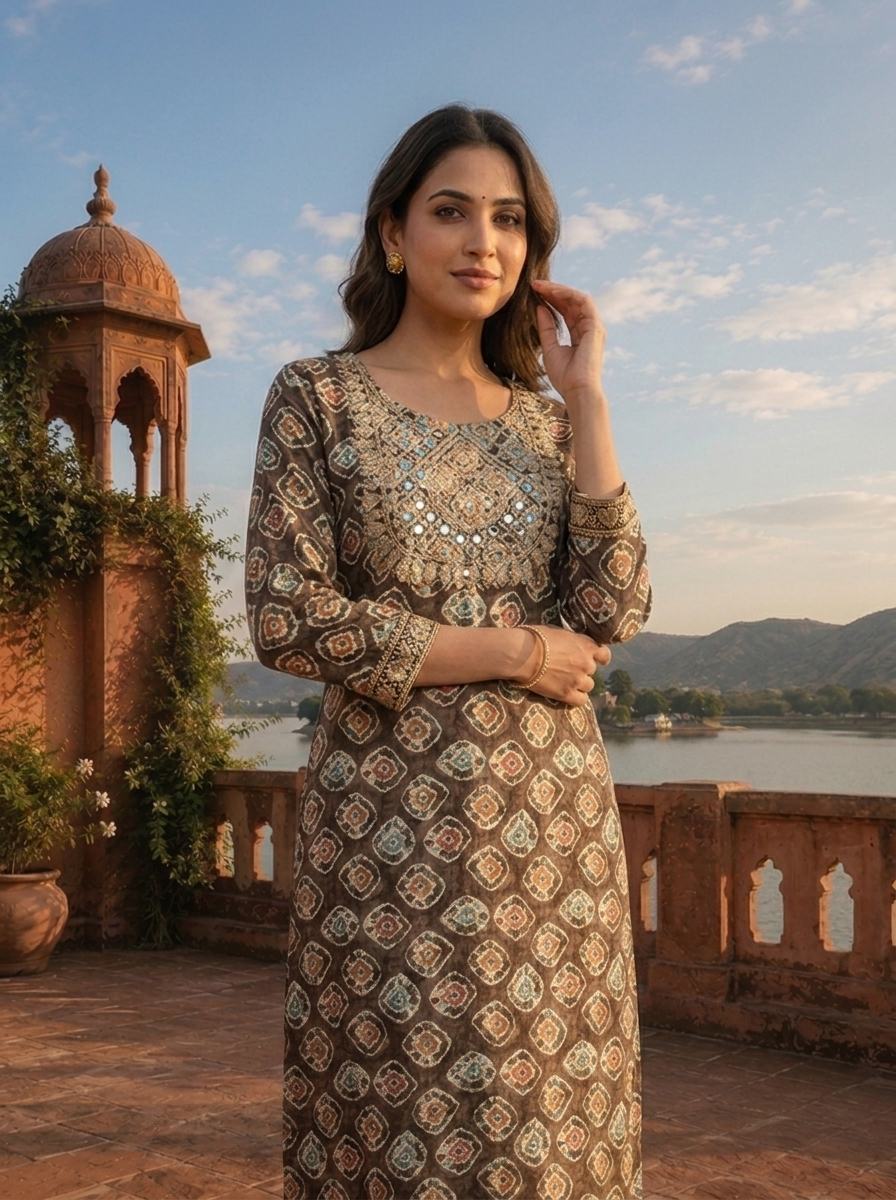 Grey Rayon Geometric Diamond Motif Printed Kurta