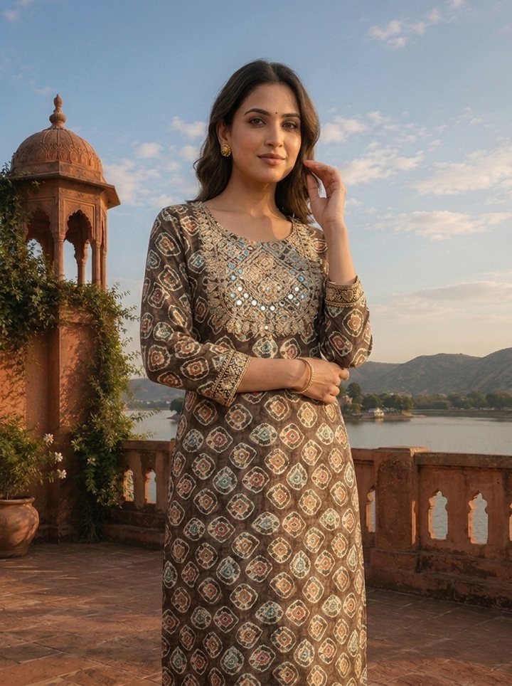 Grey Rayon Geometric Diamond Motif Printed Kurta