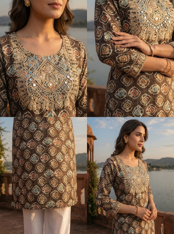 Grey Rayon Geometric Diamond Motif Printed Kurta