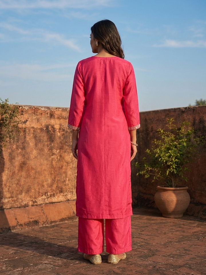 Magenta Muslin Geometric Mirror Motifs Embroidered Two Piece Set