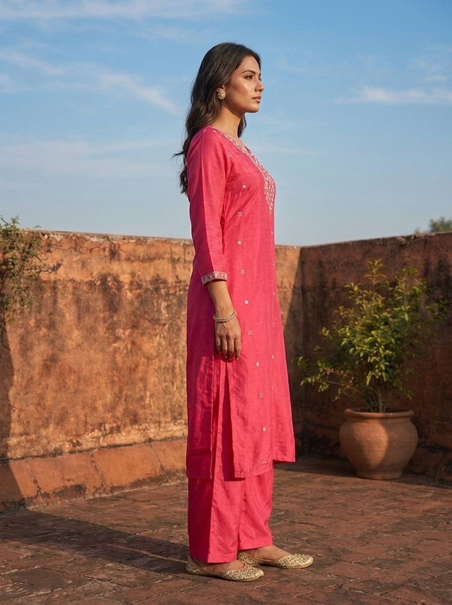 Magenta Muslin Geometric Mirror Motifs Embroidered Two Piece Set