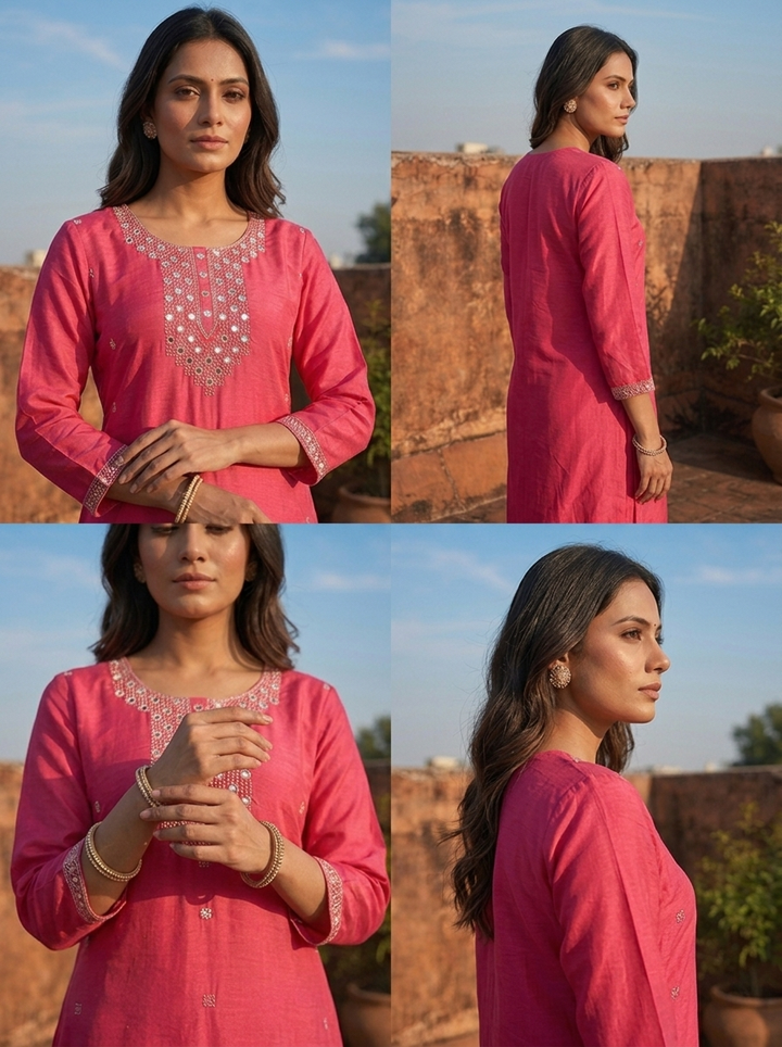 Magenta Muslin Geometric Mirror Motifs Embroidered Two Piece Set