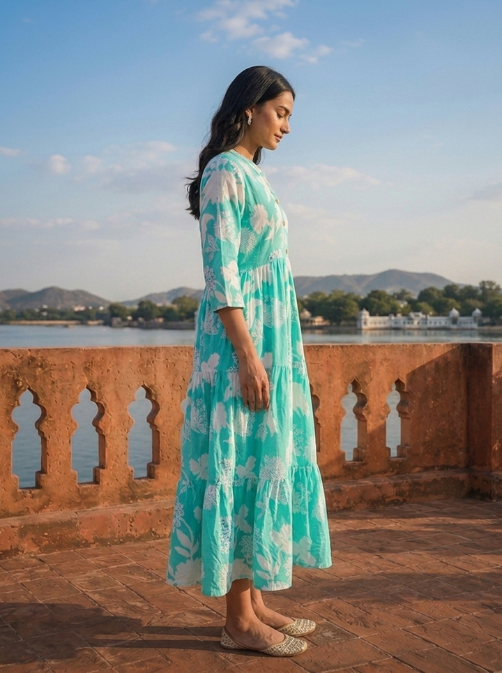 Sea Green Cotton Botanical Printed Flared Dress