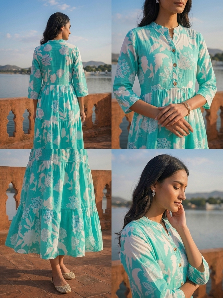 Sea Green Cotton Botanical Printed Flared Dress