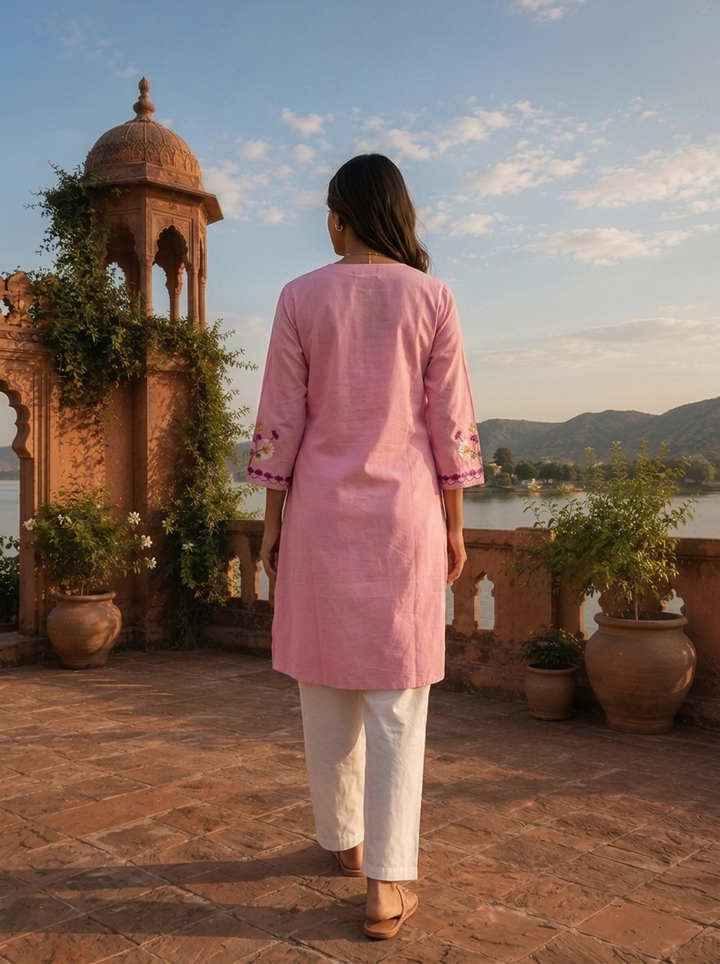 Baby Pink Cotton Multicolor Floral Hand Embroidered Kurta