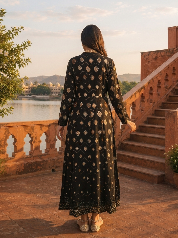Black Rayon Earthy Diamond Butas Printed Dress