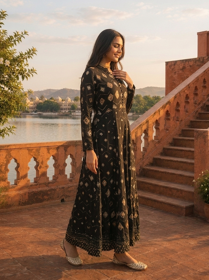 Black Rayon Earthy Diamond Butas Printed Dress