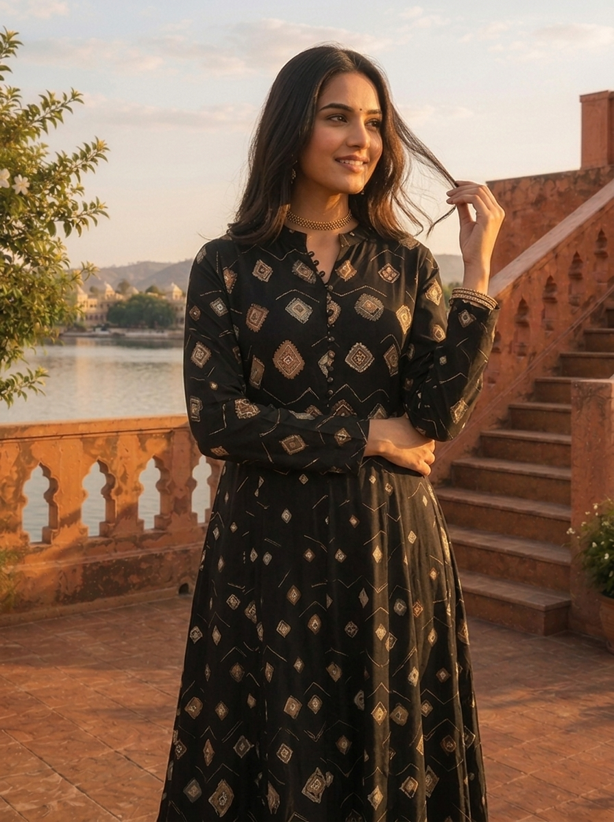 Black Rayon Earthy Diamond Butas Printed Dress