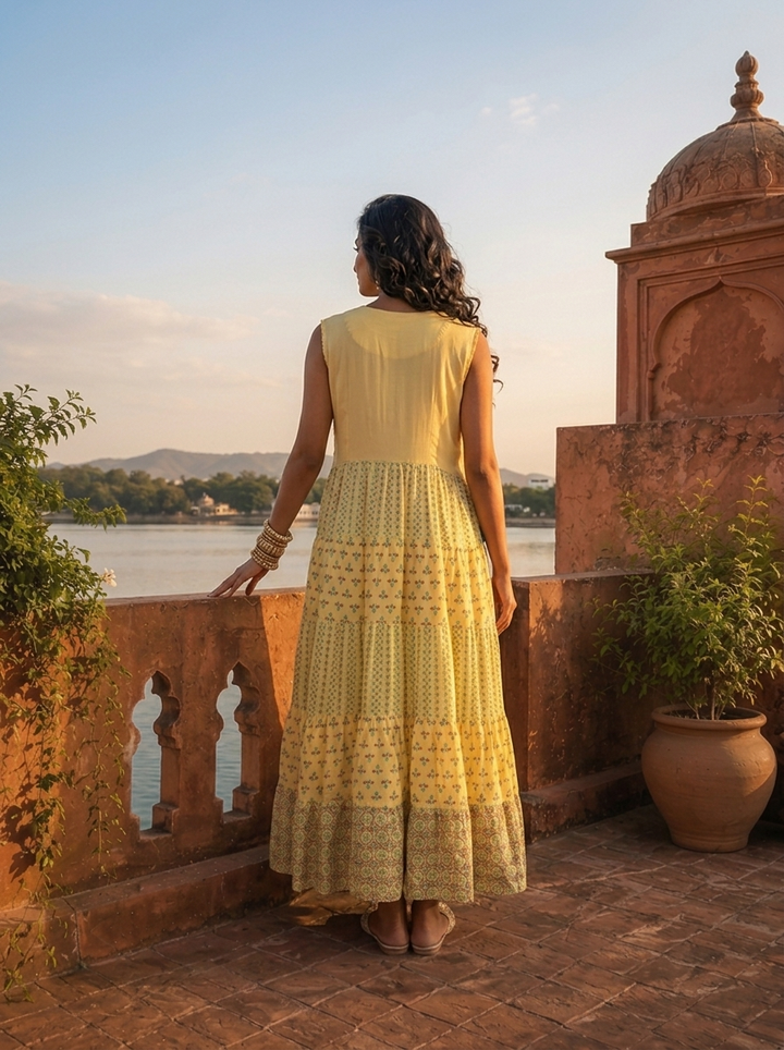Yellow Rayon Multicolor Ethnic Printed Dress
