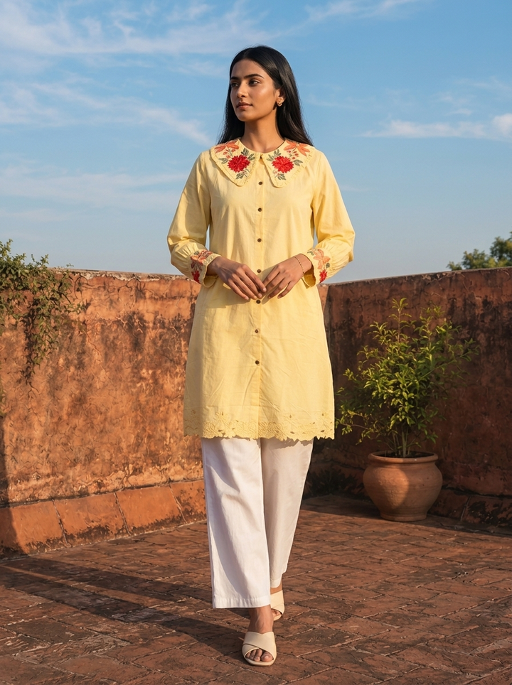 Yellow Cotton Placement Embroidered Kurta