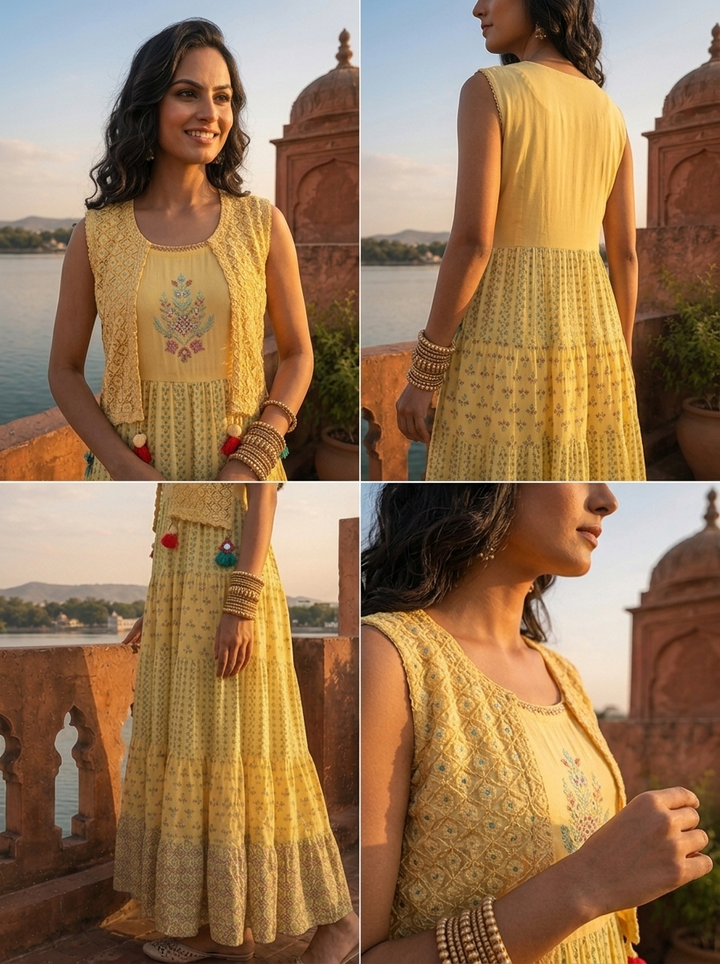 Yellow Rayon Multicolor Ethnic Printed Dress