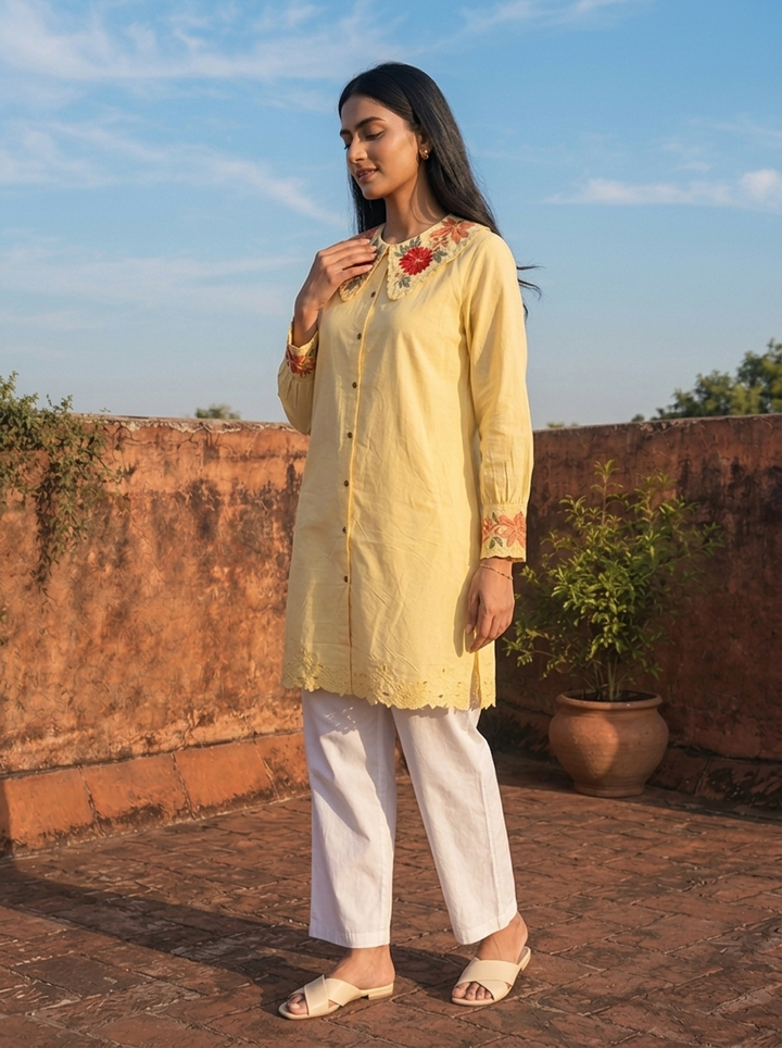 Yellow Cotton Placement Embroidered Kurta